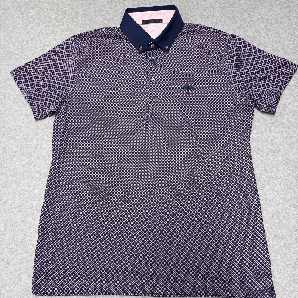 Greyson Polo Shirt Mens Large Blue Geometric Oak Tree National Golf Club Stretch